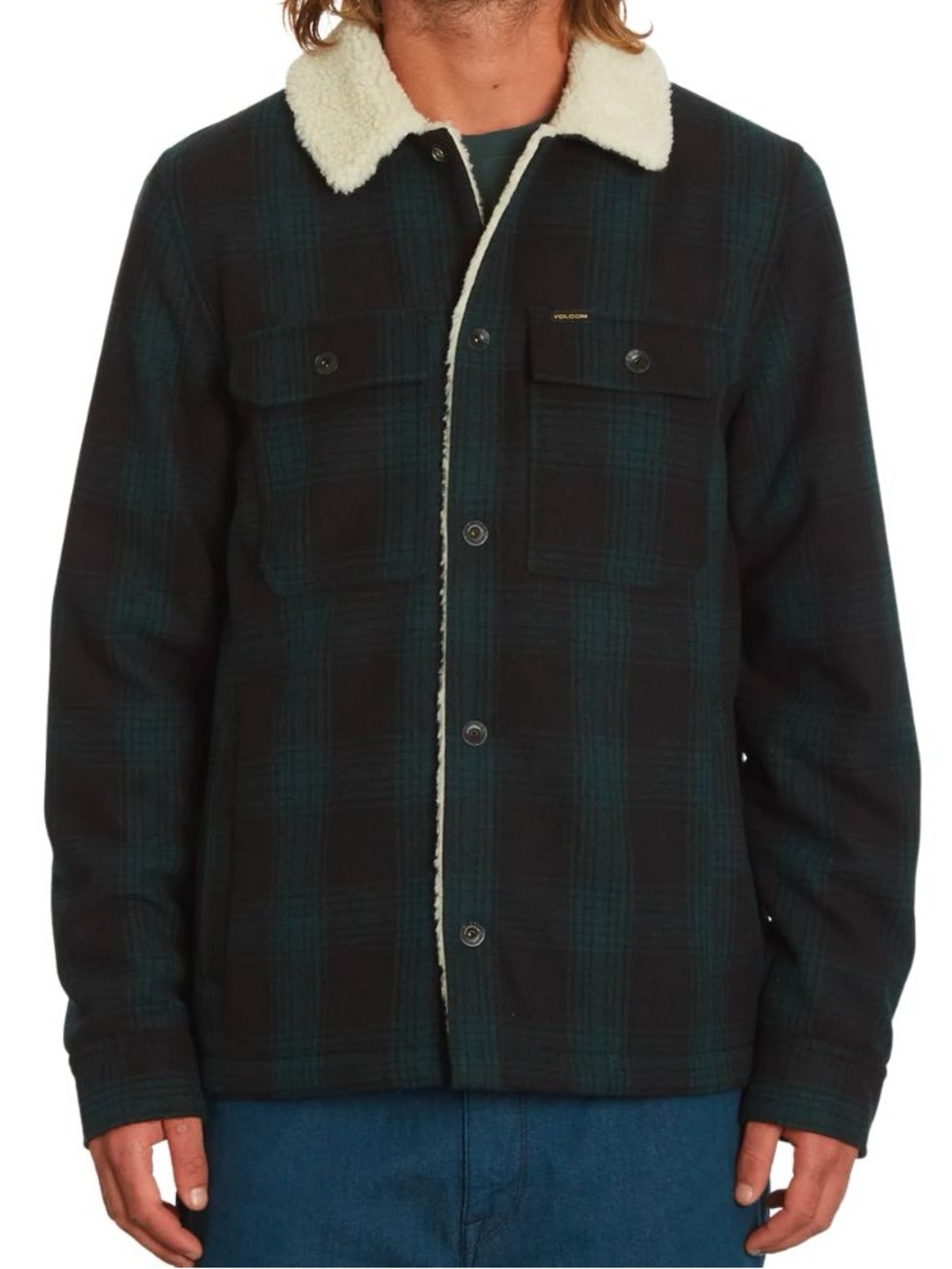 Volcom Dark Green & Black Plaid Sherpa-Lined Shirt Jacket